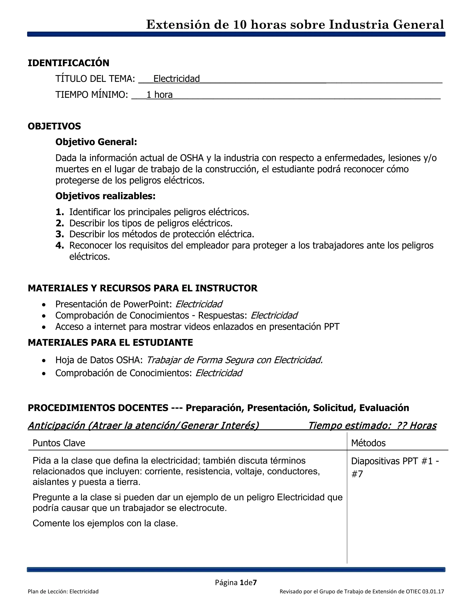 Electricidad: Plan de lección (Capacitación de Extensión de 10 horas de OSHA, Industria General), page 1: IDENTIFICACIÓN