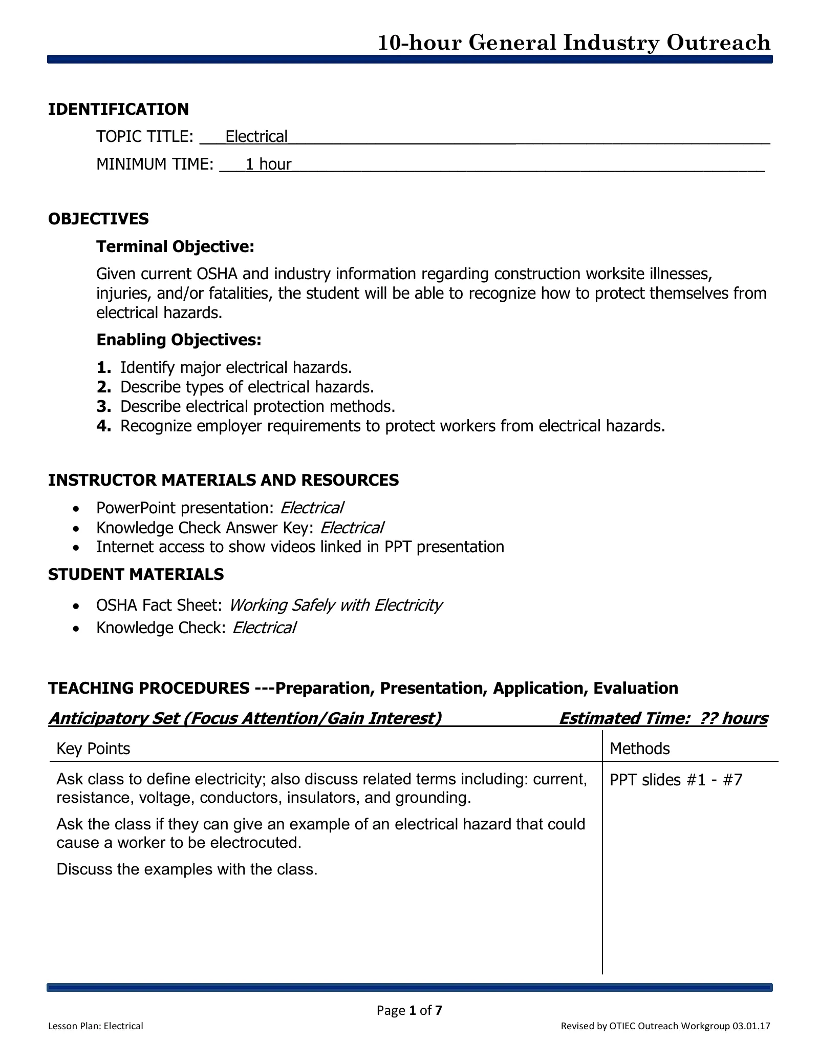 Electrical: Lesson Plan (OSHA 10-Hour General Industry Outreach), page 1: IDENTIFICATION