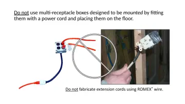 Slide 76: Do not use multi-receptacle boxes designed to be mounted by fitting them with a power cord…