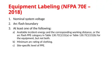 Slide 101: Equipment Labeling (NFPA 70E – 2018)