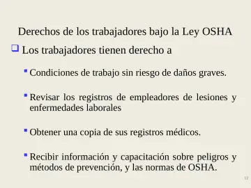 Slide 12: Derechos de los trabajadores bajo la Ley OSHA