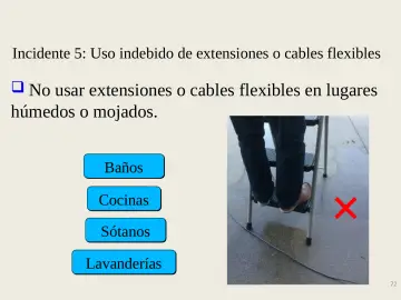 Slide 72: No usar extensiones o cables flexibles en lugares húmedos o mojados.