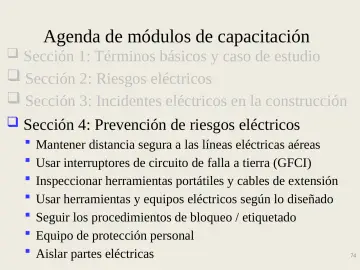 Slide 74: Agenda de módulos de capacitación