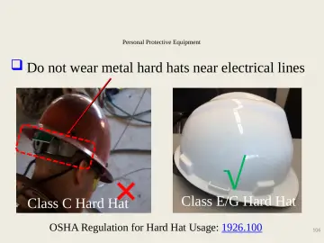 Slide 106: Do not wear metal hard hats near electrical lines