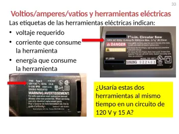 Slide 33: Voltios/amperes/vatios y herramientas eléctricas