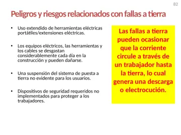Slide 82: Peligros y riesgos relacionados con fallas a tierra