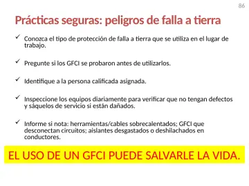 Slide 86: Prácticas seguras: peligros de falla a tierra