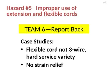 Slide 94: Hazard #5 Improper use of extension and flexible cords