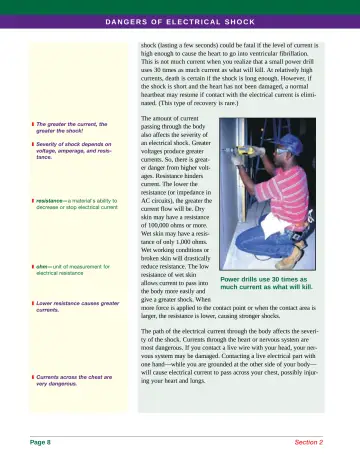 Page 16: shock (lasting a few seconds) could be fatal if the level of current is high enough to…