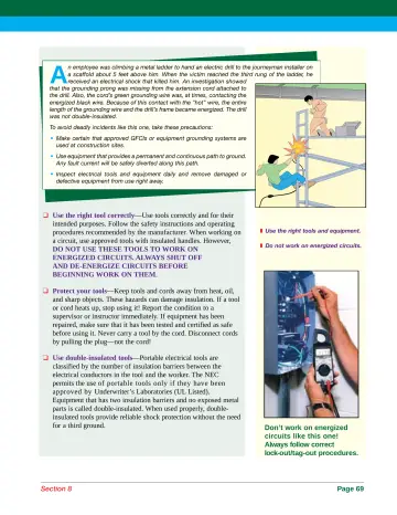Page 77: employee was climbing a metal ladder to hand an electric drill to the journeyman installer…