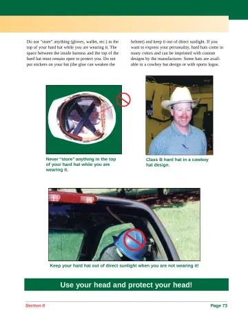 Page 81: Do not "store" anything (gloves, wallet, etc.) in the top of your hard hat while you are…