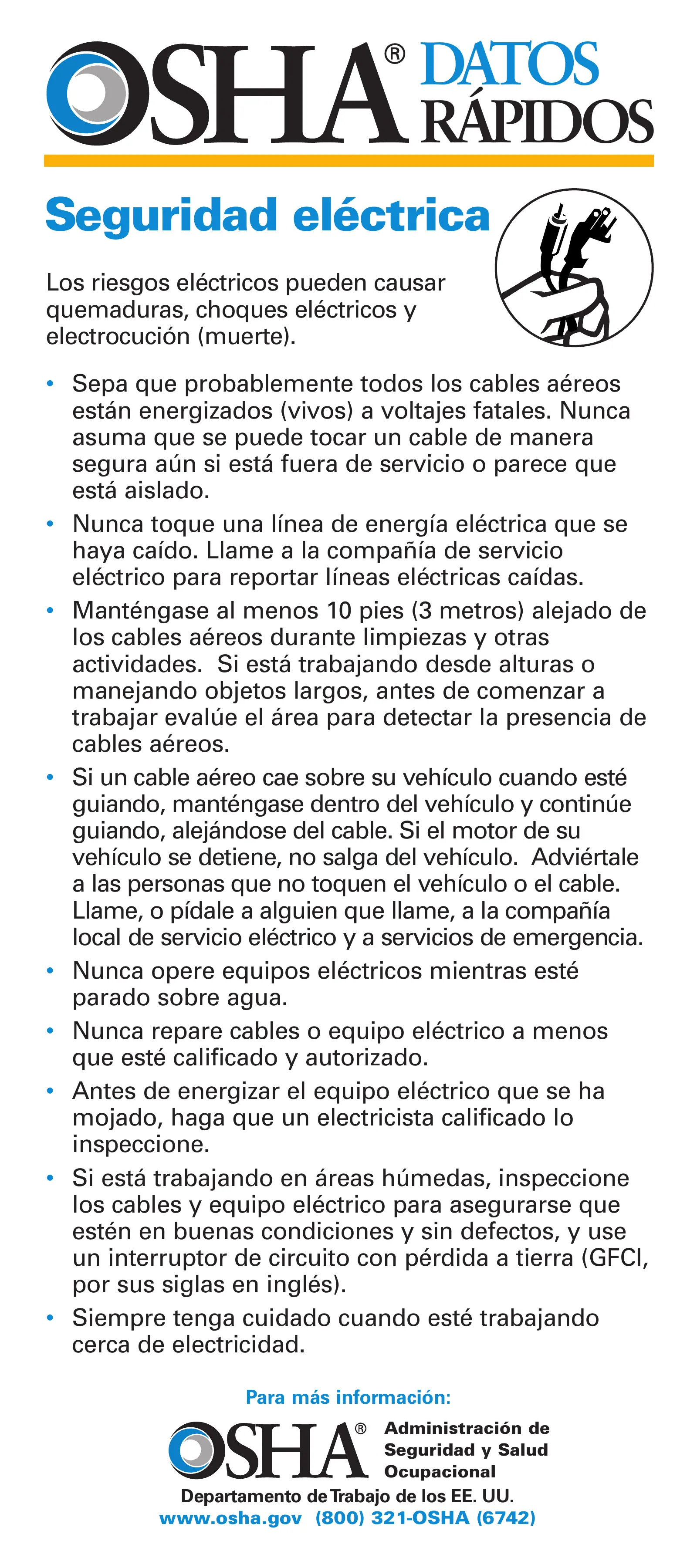 Tarjeta: Seguridad eléctrica (OSHA 3294), page 1: DATOS RÁPIDOS