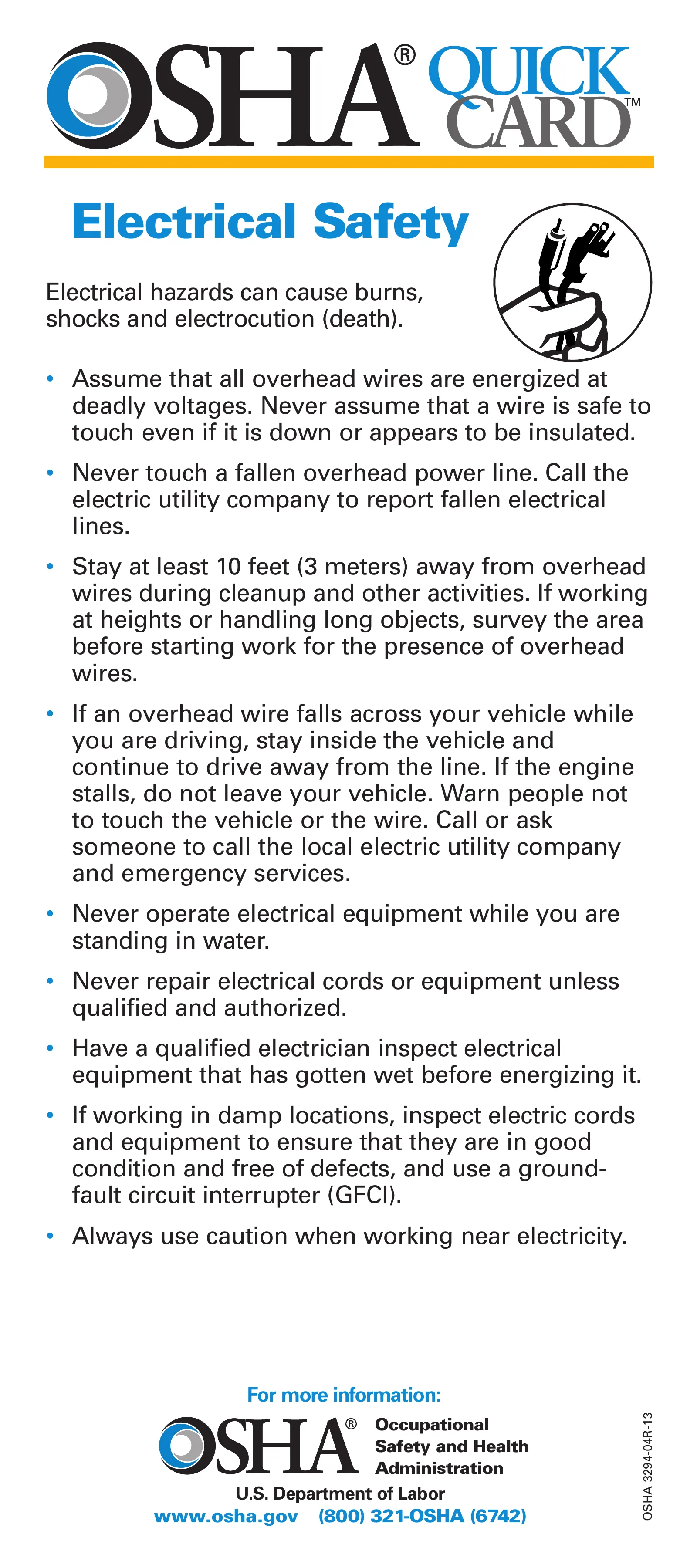 Electrical Safety QuickCard (OSHA 3294), page 1: CARD