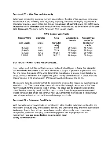 Page 6: Factsheet B1 – Wire Size and Ampacity