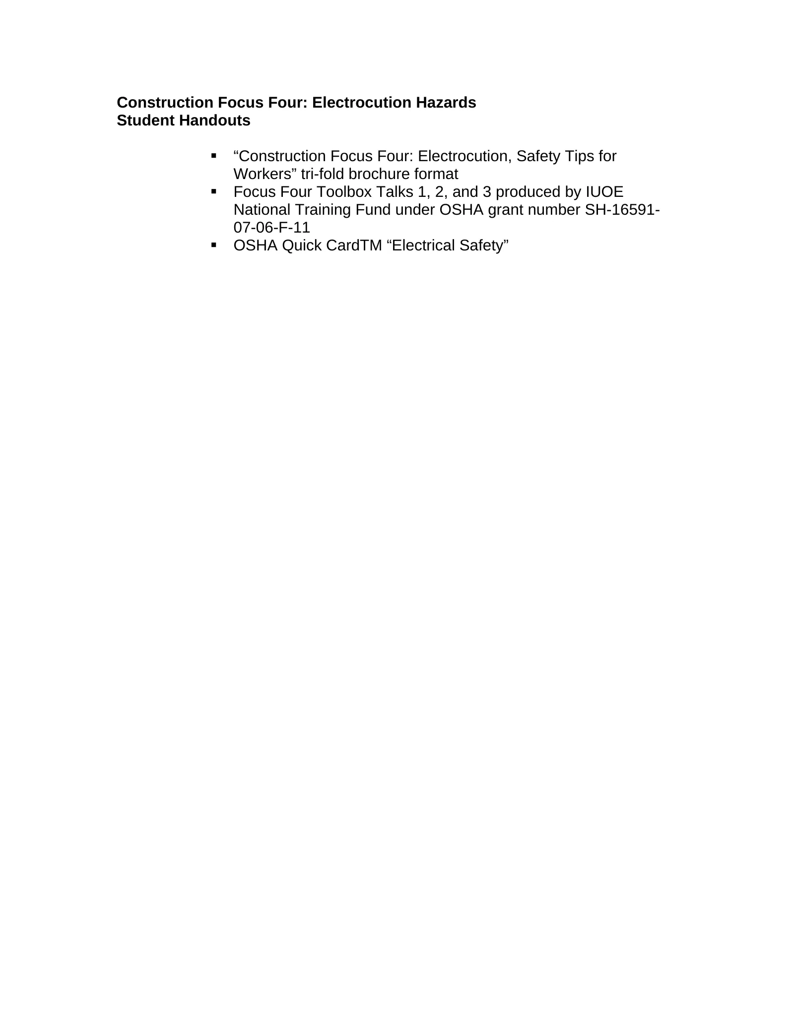 Focus Four: Electrocution Student Handouts, page 1: Construction Focus Four: Electrocution Hazards Student Handouts