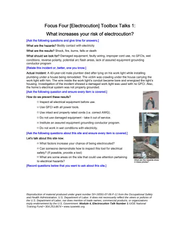 Page 79: Focus Four [Electrocution] Toolbox Talks 1: What increases your risk of electrocution?