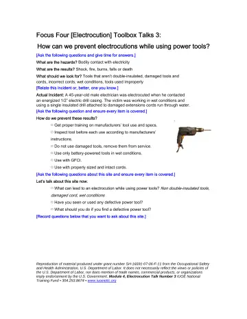 Page 81: Focus Four [Electrocution] Toolbox Talks 3: How can we prevent electrocutions while using…