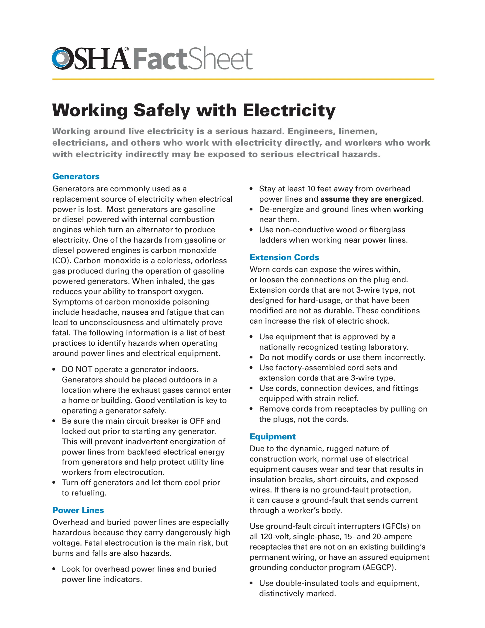 Working Safely with Electricity Fact Sheet (OSHA 3942), page 1: FactSheet
