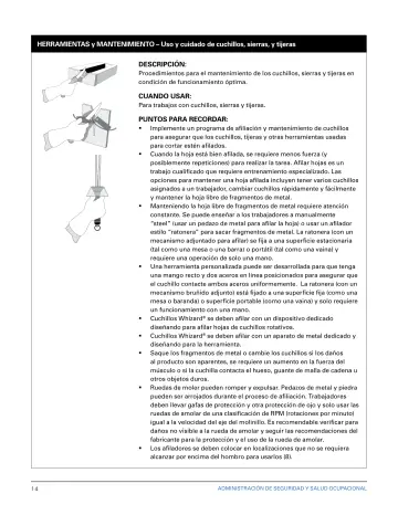 Page 20: HERRAMIENTAS y MANTENIMIENTO – Uso y cuidado de cuchillos, sierras, y tijeras