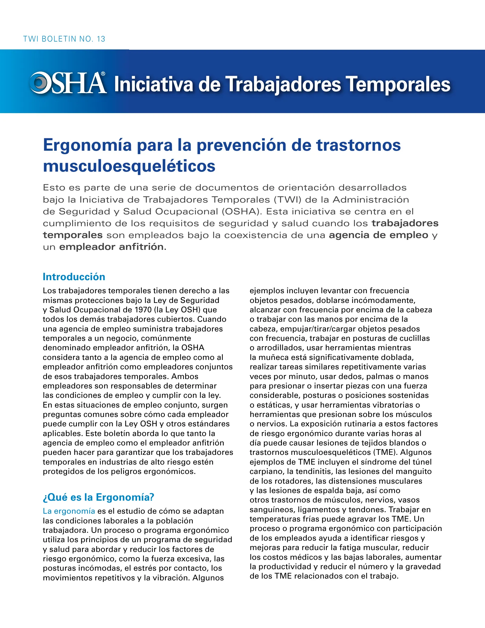 Temporary Worker Initiative (TWI) Bulletin No. 13 – Ergonomics for the Prevention of Musculoskeletal Disorders (OSHA 4383) (en español), page 1: Iniciativa de Trabajadores Temporales