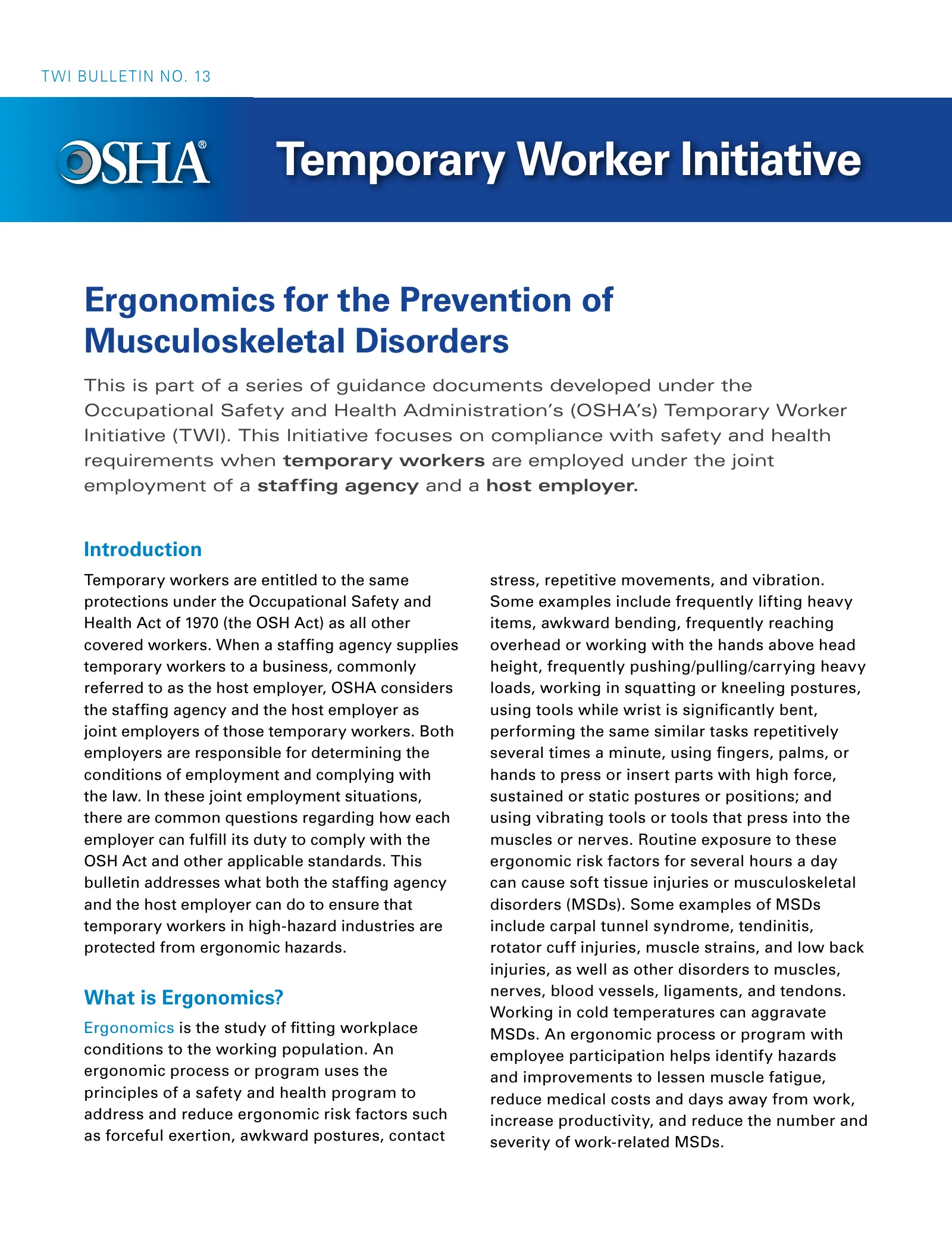 Temporary Worker Initiative (TWI) Bulletin No. 13 – Ergonomics for the Prevention of Musculoskeletal Disorders (OSHA 4382), page 1: Temporary Worker Initiative
