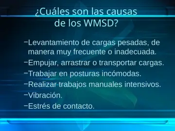 Slide 9: ¿Cuáles son las causas de los WMSD?