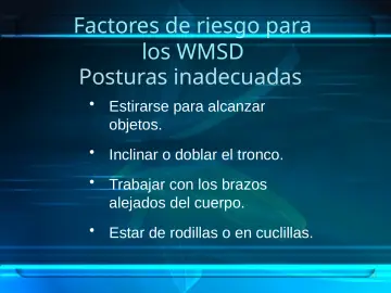 Slide 22: Factores de riesgo para los WMSD Posturas inadecuadas