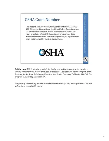 Page 38: Tell the class: This is a training on job site health and safety for construction workers…