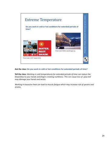Page 60: Ask the class: Do you work in cold or hot conditions for extended periods of time?