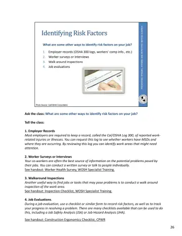 Page 62: Ask the class: What are some other ways to identify risk factors on your job?