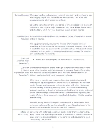 Page 140: Risks Addressed: When you hand screed concrete, you work bent over, and you have to use a…