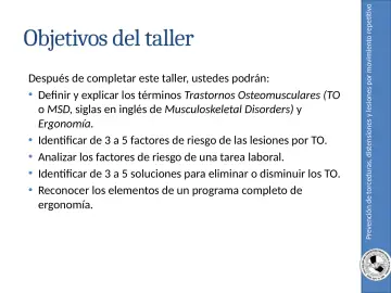 Slide 4: Prevención de torceduras, distensiones y lesiones por movimiento repetitivo