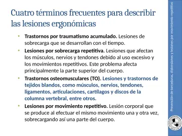 Slide 13: Prevención de torceduras, distensiones y lesiones por movimiento repetitivo