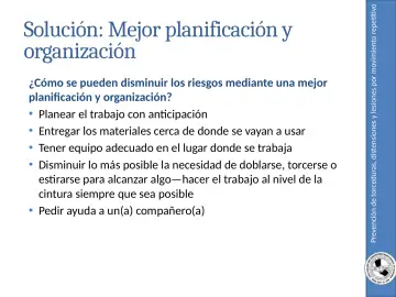 Slide 32: Prevención de torceduras, distensiones y lesiones por movimiento repetitivo