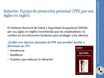 Slide 35: Prevención de torceduras, distensiones y lesiones por movimiento repetitivo