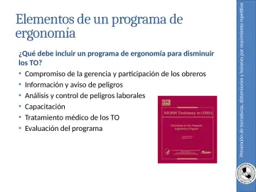 Slide 50: Prevención de torceduras, distensiones y lesiones por movimiento repetitivo