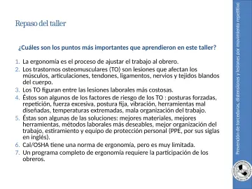 Slide 52: Prevención de torceduras, distensiones y lesiones por movimiento repetitivo