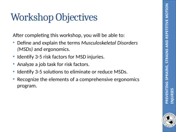 Slide 4: PREVENTING SPRAINS, STRAINS AND REPETITIVE MOTION