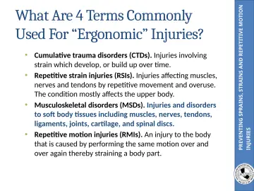 Slide 13: PREVENTING SPRAINS, STRAINS AND REPETITIVE MOTION