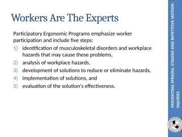 Slide 51: PREVENTING SPRAINS, STRAINS AND REPETITIVE MOTION