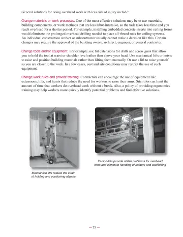 Page 37: General solutions for doing overhead work with less risk of injury include: