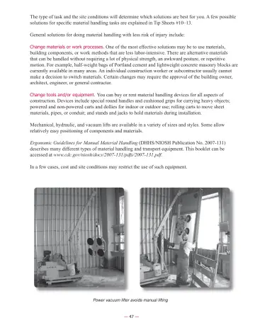 Page 49: General solutions for doing material handling with less risk of injury include:
