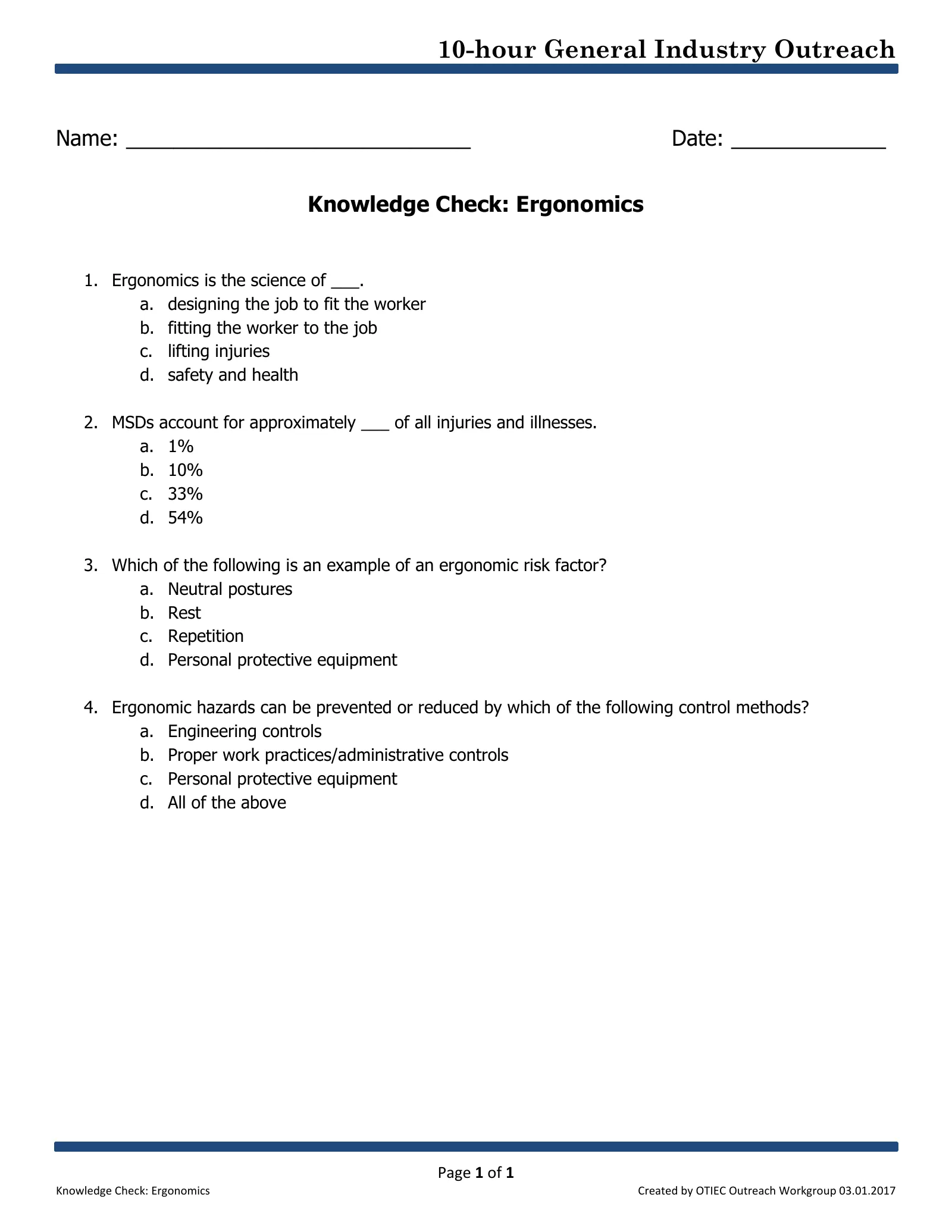 Introducción a la ergonomía: Comprobación de conocimientos (Capacitación de Extensión de 10 horas de OSHA, Industria General), page 1: 10-hour General Industry Outreach