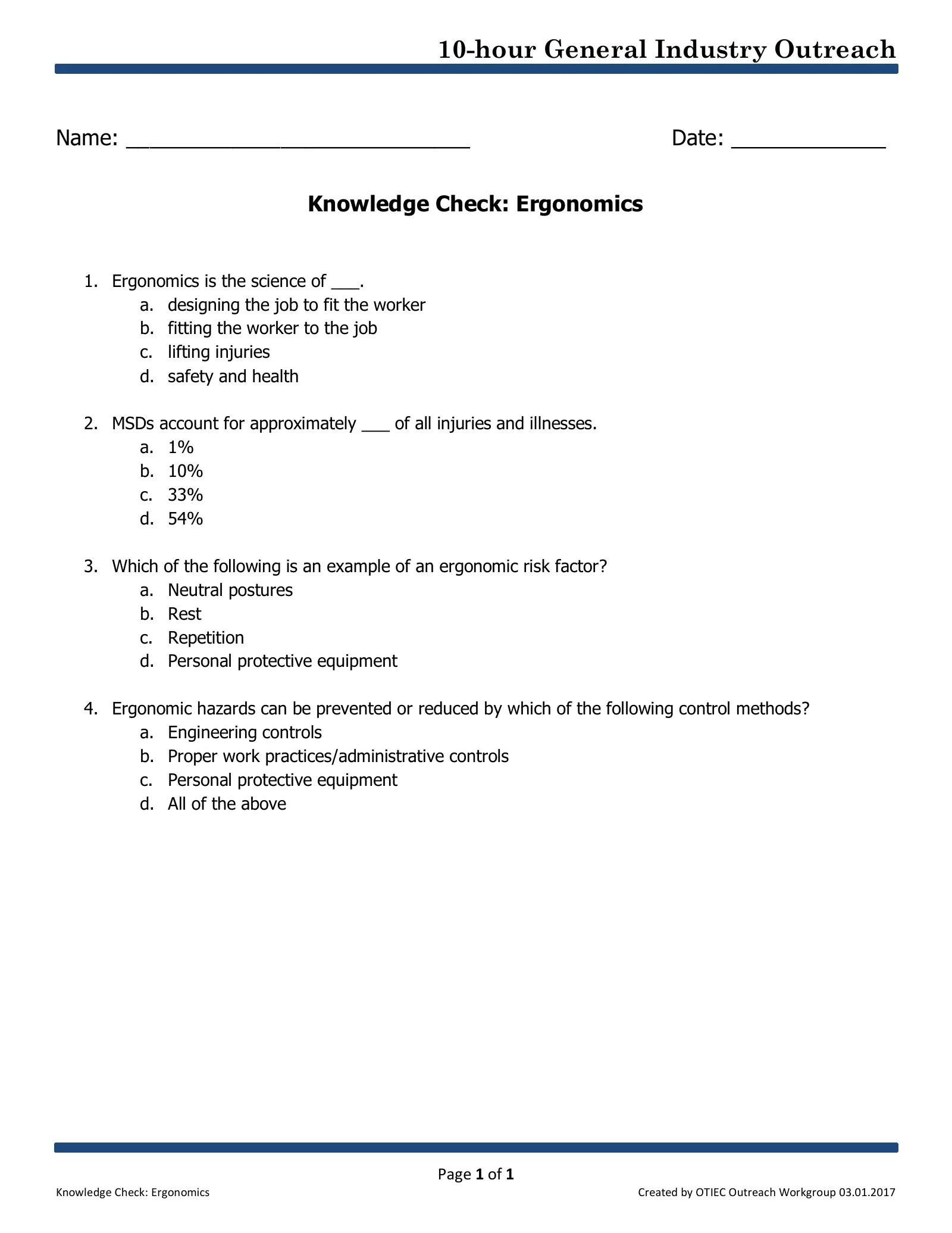 Introduction to Ergonomics: Knowledge Check (OSHA 10-Hour General Industry Outreach), page 1: 10-hour General Industry Outreach