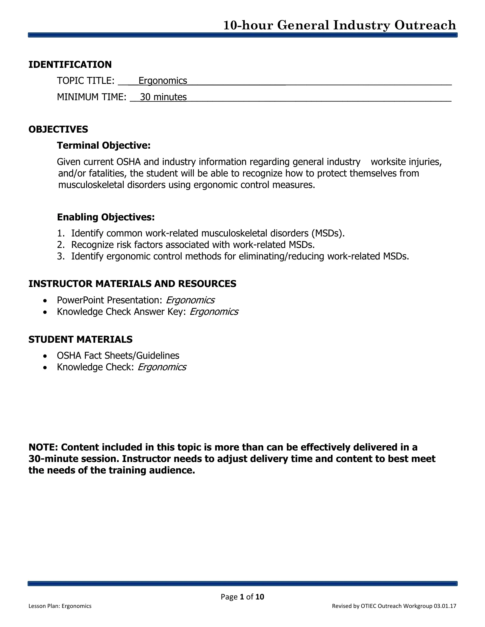 Introducción a la ergonomía: Plan de lección (Capacitación de Extensión de 10 horas de OSHA, Industria General), page 1: IDENTIFICATION