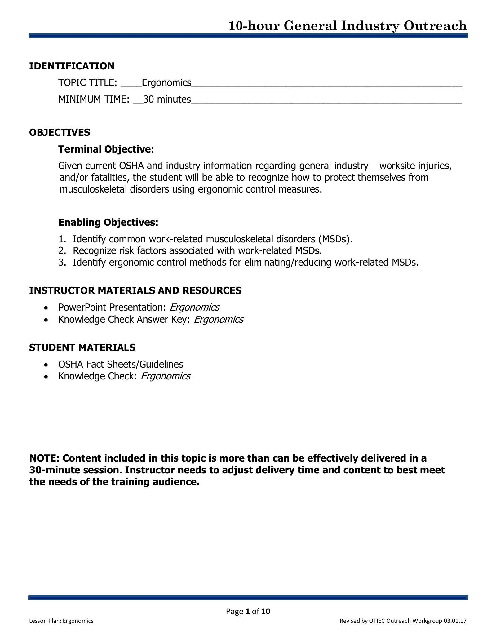 Introduction to Ergonomics: Lesson Plan (OSHA 10-Hour General Industry Outreach), page 1: IDENTIFICATION