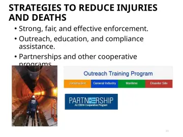 Slide 11: STRATEGIES TO REDUCE INJURIES AND DEATHS