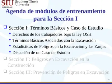Slide 10: Agenda de módulos de entrenamiento para la Sección I