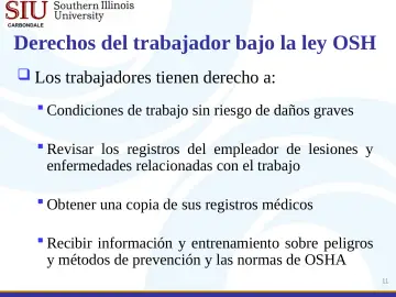 Slide 11: Derechos del trabajador bajo la ley OSH