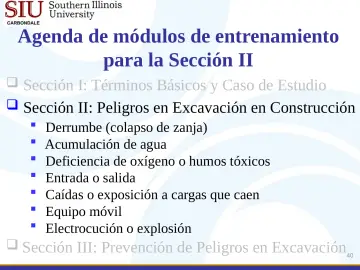 Slide 40: Agenda de módulos de entrenamiento para la Sección II